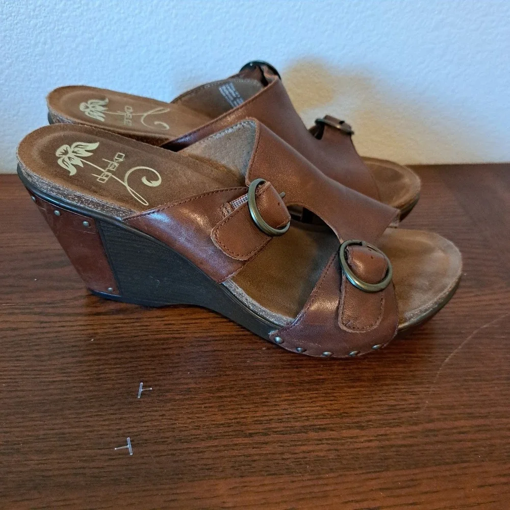 Dansko Brown Leather Double Buckle Wedge Sandals Mules Studded Womens 41